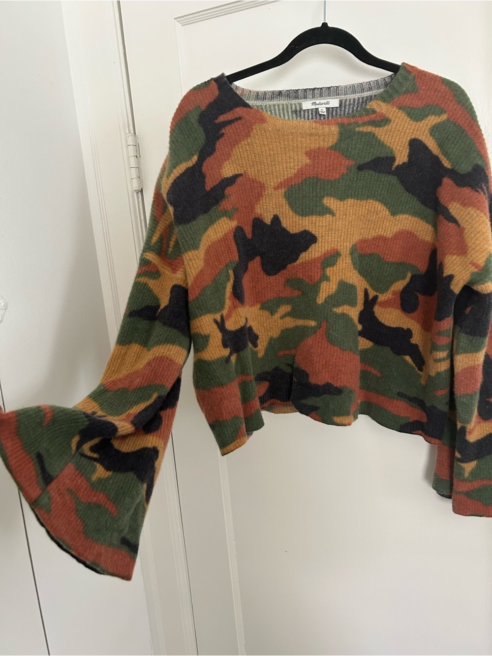 Madewell Camo Bell-Sleeve Knit Top in Green, Brown & Black Camo Print
